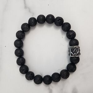 Men Lava Stone Bracelet with Anchor Black Beaded Bracelet with Silver Accent